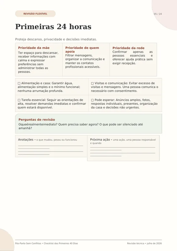 Página do Checklist dos Primeiros 40 Dias sobre as primeiras 24 horas