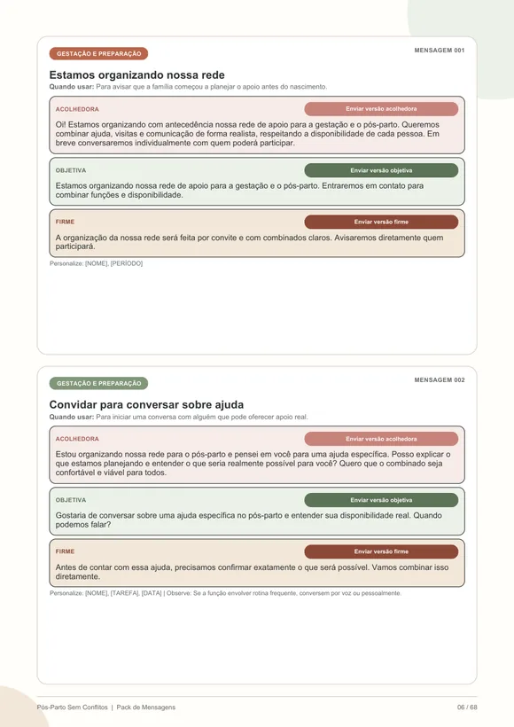 Página do Guia de Conversas e Mensagens Prontas com as mensagens 001 e 002 nos tons acolhedor, objetivo e firme
