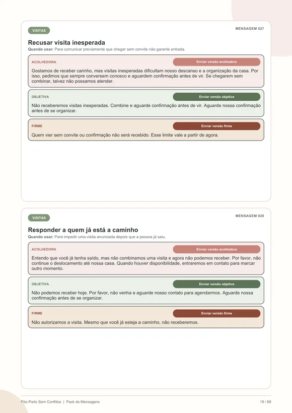 Página do Guia de Conversas com mensagens para recusar visita inesperada
