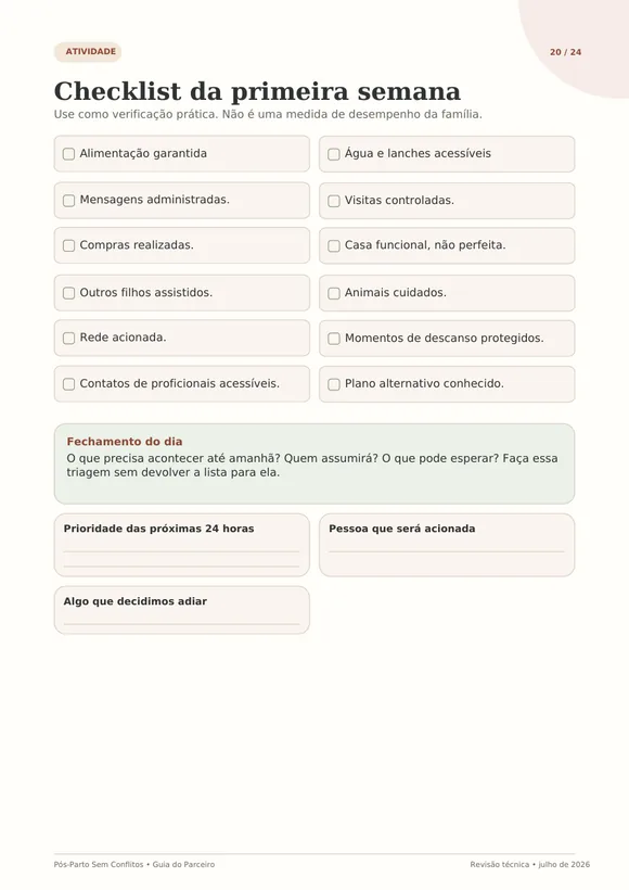 Página do Guia do Parceiro com o checklist da primeira semana