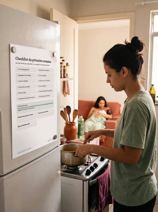 Parceira cozinhando com o Checklist da primeira semana preso na geladeira enquanto a mãe descansa com o bebê (cena ilustrativa)